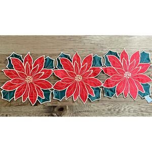 Christmas Holiday Table Runner Embroidered Poinsettia Red Green Holly Leaf